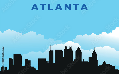 Atlanta. Black silhouette of the city skyline. Vector on the background of blue sky with white clouds
