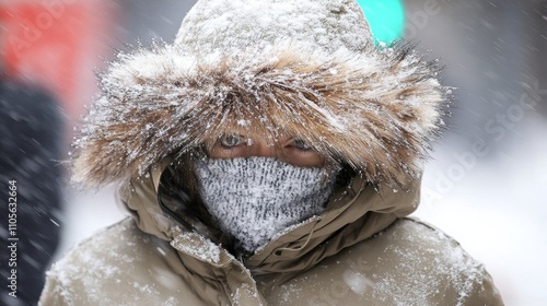 Adult female walking alone in a heavy winter snowstorm, braving harsh weather with bundled-up clothing, snowflakes swirling around her as she navigates through a cold, snowy landscape on a winter day photo