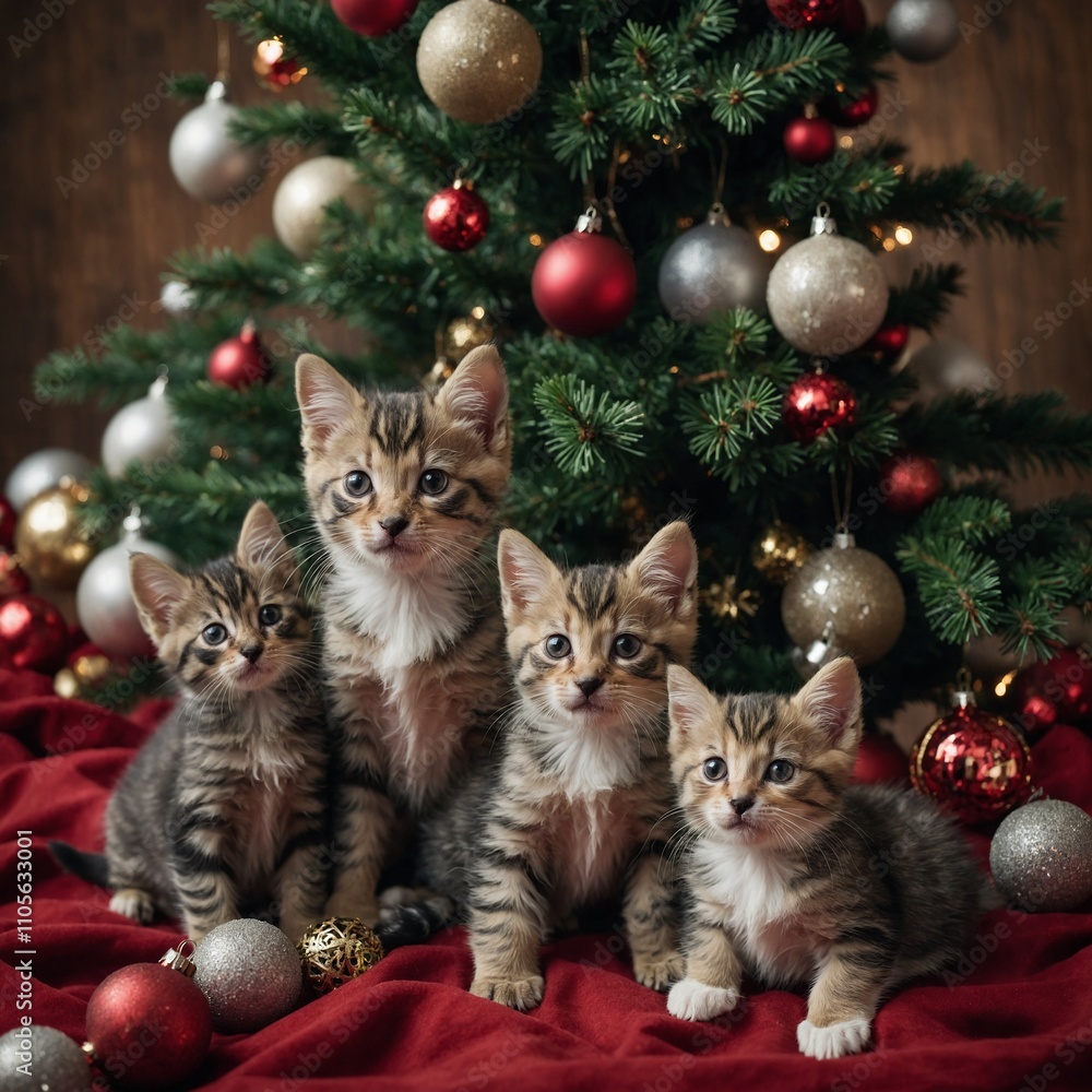 Puppies and kittens playing around a Christmas tree with ornaments. Puppies and kittens playing around a Christmas tree with ornaments.