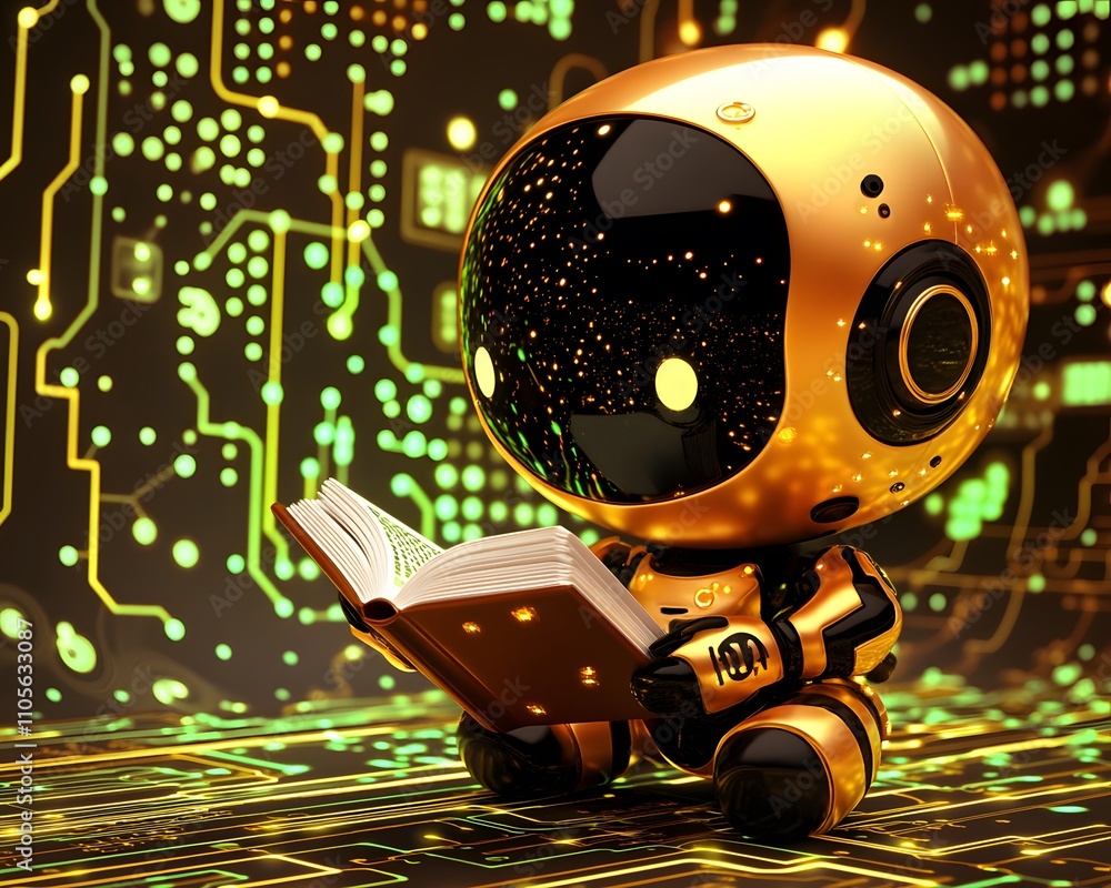 Fototapeta premium A robot is intently reading a book. Every letter it sees seems to be absorbed by its processor, pushing it beyond the limits and becoming an AI with intelligence that is increasingly close to humans.