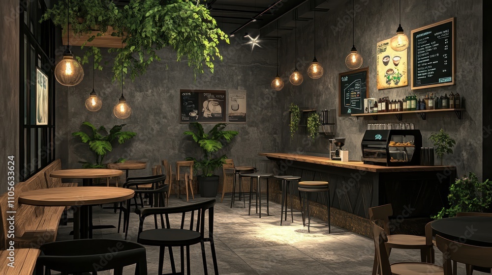 Cozy cafe interior at night with plants, wooden tables, and bar. Cozy cafe interior at night with plants, wooden tables, and bar.