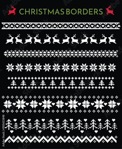 Set of simple Christmas themed seamless borders, divider graphics in pixel knit style including holly border, deer pattern, Christmas trees and hearts