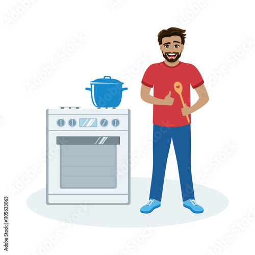 Happy man cooking in the kitchen vector illustration. Handsome man cooks at the stove icon set. Smiling guy with a wooden spoon cartoon style. Cheerful man and a stove vector