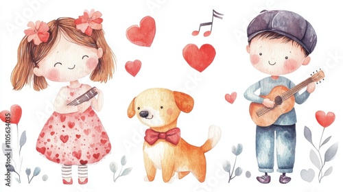 Adorable Watercolor Illustration: Boy, Girl, Dog & Hearts for Valentine's