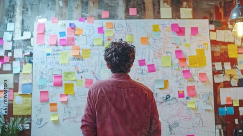 Man stands in front of a whiteboard covered in colorful sticky notes