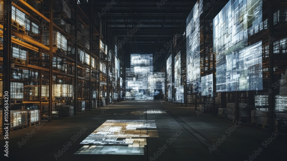 Digital projections illuminate a modern warehouse filled with shelves and pallets at night Digital projections illuminate a modern warehouse filled with shelves and pallets at night