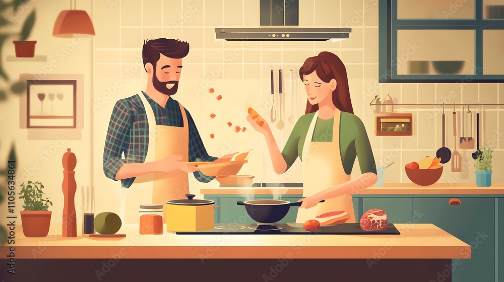 Young couple cooking together in a modern kitchen vi AI generated illustration Young couple cooking together in a modern kitchen vi AI generated illustration
