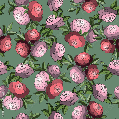 Seamless floral wallpaper pattern with pink and violet roses and leaves on green background. Floral illustration for wallpaper, textile, fabric, wrapping, card, invitation, design element