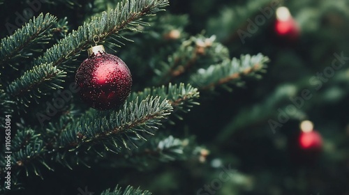 Close-up of red Christmas ornaments on a fir tree.