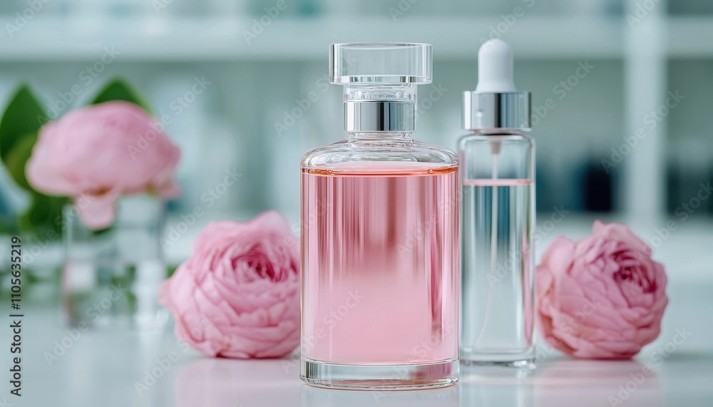 Elegant Perfume Bottles Surrounded by Fresh Soft Pink Roses Elegant Perfume Bottles Surrounded by Fresh Soft Pink Roses