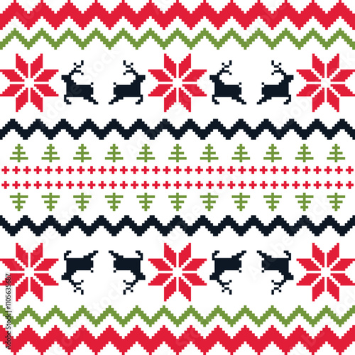Christmas Sweater Pattern Design Seamless Pixel Art background. Xmas style Rows of Reindeer, Snowflakes, Stars, Holly Berries, and trees on a white Background, with Red, Blue and green knit details