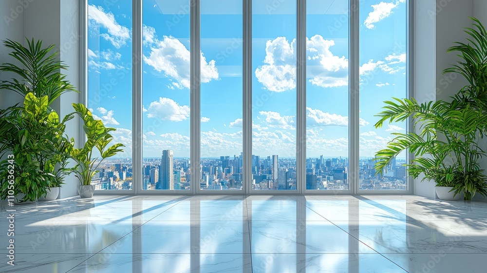 The image showcases a modern office interior with large windows, filling the space with natural light and providing views of a city skyline. 3D Rendering The image showcases a modern office interior with large windows, filling the space with natural light and providing views of a city skyline. 3D Rendering