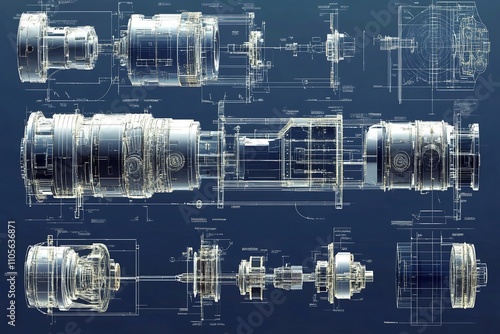 Detailed mechanical engineering blueprint diagram of cutaway engine turbine and valve parts