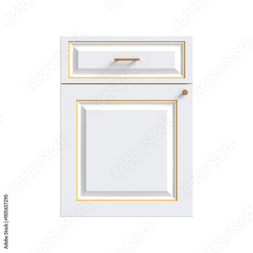 3d render of a white and gold kitchen facade, doors for kitchen cabinets, front view