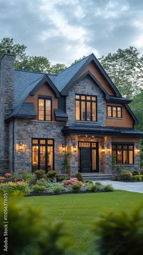 Obraz premium Luxurious Stone and Wood Cottage with Illuminated Windows at Dusk