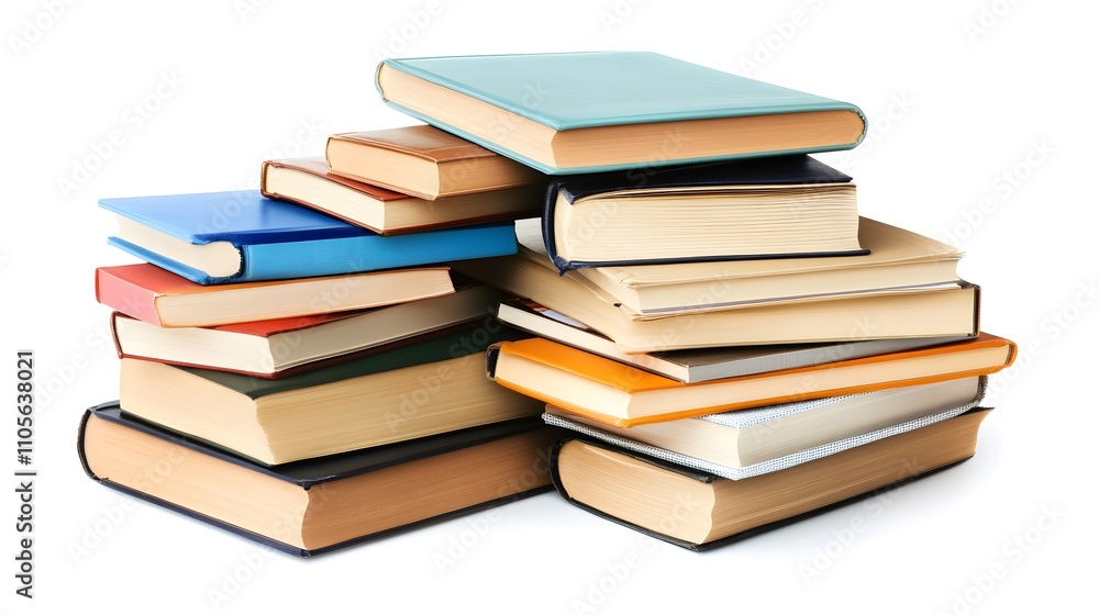 A stack of colorful books with blank pages on a white background, in a flat lay A stack of colorful books with blank pages on a white background, in a flat lay