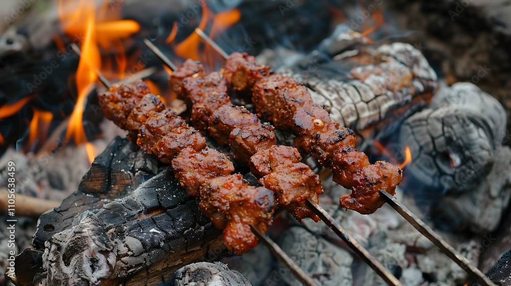 Cooked beef stick cooked over a hot coals fire outside Cooked beef stick cooked over a hot coals fire outside