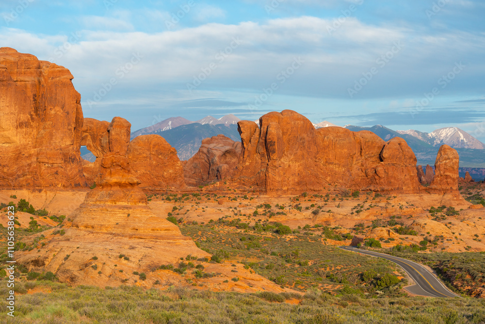 Rock formations at Windows Section against La Sal Mountains, Arches National Park, Utah, United States of America, North America Rock formations at Windows Section against La Sal Mountains, Arches National Park, Utah, United States of America, North America