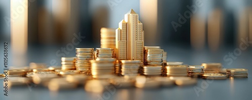 Artistic rendering of golden urban financial growth aerial view