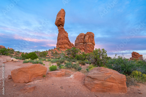 Balanced Rock rock formation at sunset, Arches National Park, Utah, United States of America, North America photo