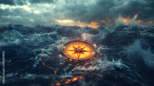 Misjudgment: A glowing, broken compass spinning aimlessly in the heart of a stormy sea, where chaotic waves clash and clarity is lost in the tempest.