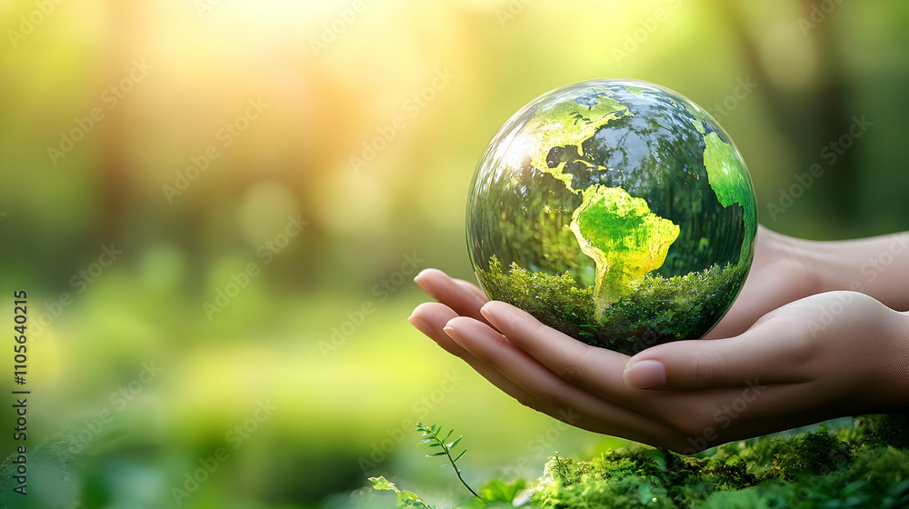 Close-up of Hands Holding a Glass Earth Globe with Green Vegetation Inside, Depicting Environmental Sustainability and Care for Nature in a Natural Green Background Close-up of Hands Holding a Glass Earth Globe with Green Vegetation Inside, Depicting Environmental Sustainability and Care for Nature in a Natural Green Background