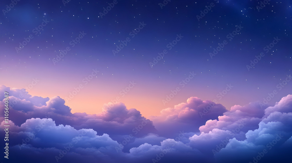 Digital Illustration of a Night Sky with Fluffy Clouds in a Purple and Pink Gradient Digital Illustration of a Night Sky with Fluffy Clouds in a Purple and Pink Gradient