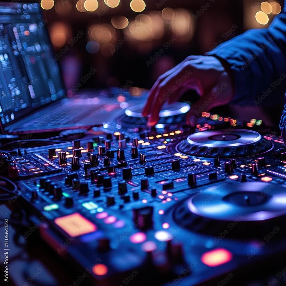 Obraz premium A DJ mixing music with turntables and a laptop in a vibrant, illuminated environment.