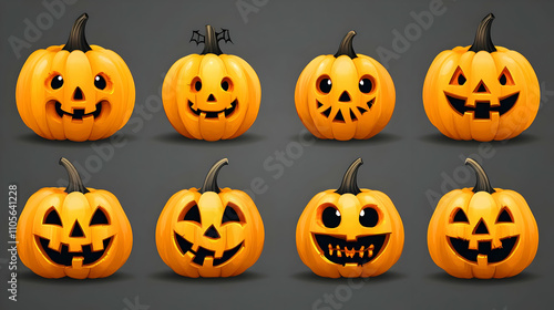 Eight Carved Pumpkins with Different Facial Expressions for Halloween Decoration