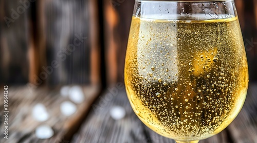 Close up of a glass of white wine with condensation on a rustic wooden background.