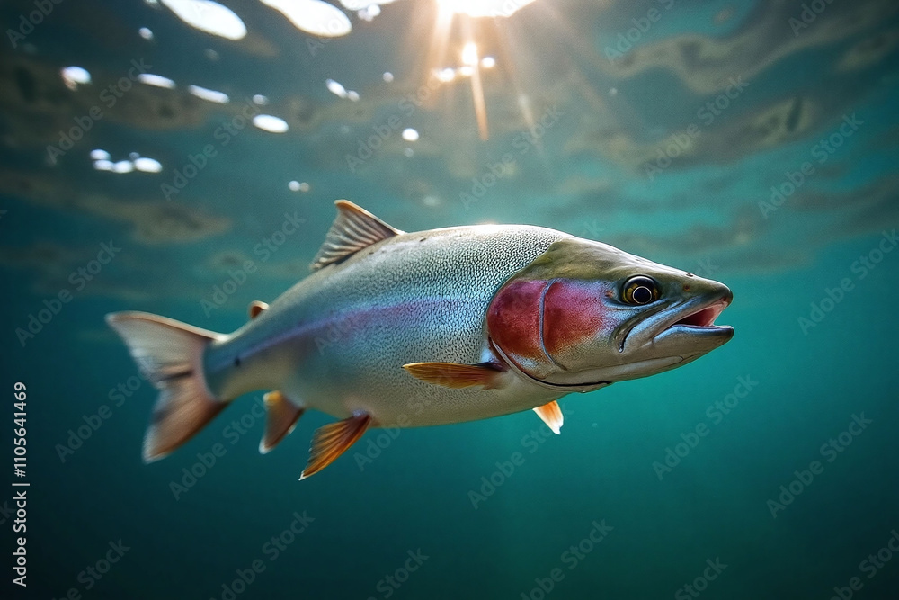 Naklejka premium Rainbow trout swimming in underwater to air photograph