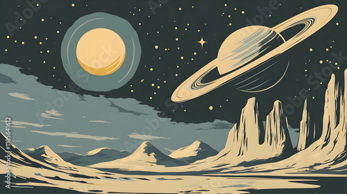 An Illustrated Landscape of a Distant Planet with a Ring System, Seen from the Surface with Mountainous Terrain, a Starry Night Sky and Another Planet in the Background