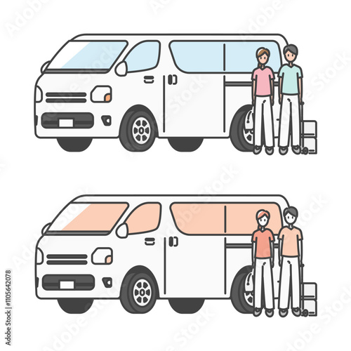 在宅医療や往診に活躍する往診車のバン、医師と看護師・介護士 (フルカラー＆モノカラーset) 