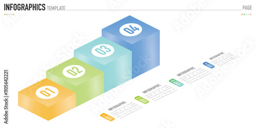 Isometric ladder layer infographic element with 4 step, process, option, colorful 3D rectangle, icons, column square for sale slide, minimal modern simple style, origami, metallic texture, metal color