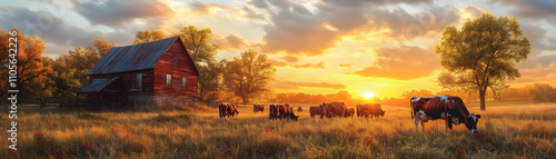 Rustic barn at sunset with cows grazing in a golden field.