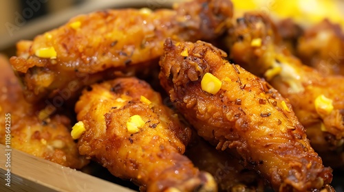 Crispy pieces of browned chicken fillets that are coated with flakes of corn