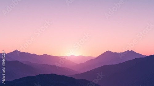 A sunrise over the mountains, with the sky transitioning from peach to violet.