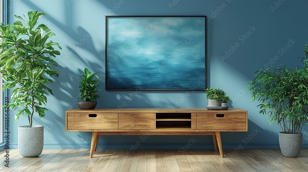Fototapeta premium Two tone color wall background,Modern living room decor with a tv cabinet.3d rendering