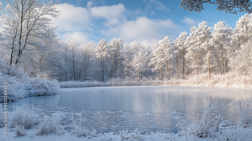 A serene winter landscape with snow-covered trees and a frozen lake. A serene winter landscape with snow-covered trees and a frozen lake.