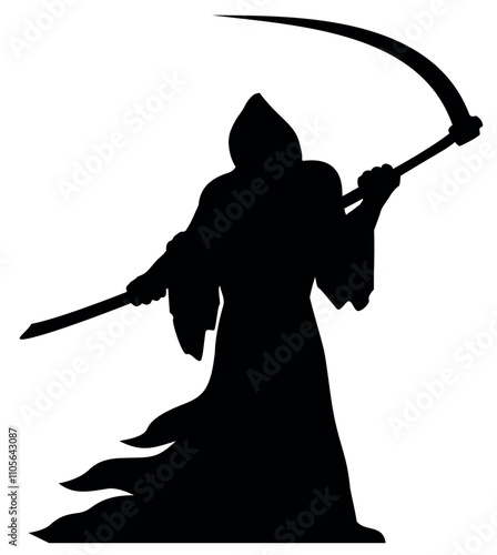 Grim reaper silhouette that is robed in black and swung large scythe. Vector icon on transparent background