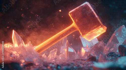 Self-Sabotage Illustrated: The Struggle of Personal Ambitions vs. Self-Doubt Through a Glowing Hammer and Crystal
