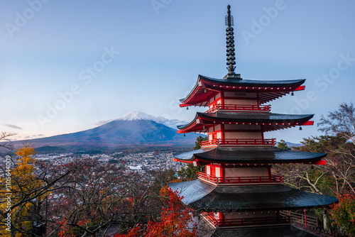 Wallpaper Mural Sunrise at Mount Fuji in autumn, Fujiyoshida Chureito Pagoda, and fall leaves, Honshu, Japan Torontodigital.ca