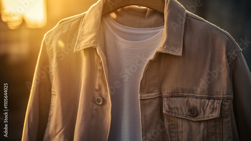 Beige denim jacket and white t-shirt hanging outdoors in golden sunset light.