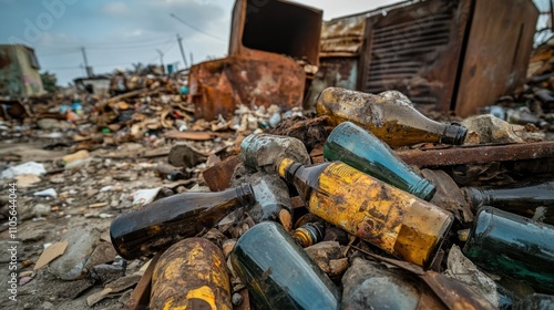 Discarded Bottles Among Ruins of a Dump Site, Highlighting Environmental Degradation and Pollution Issues in Urban Areas