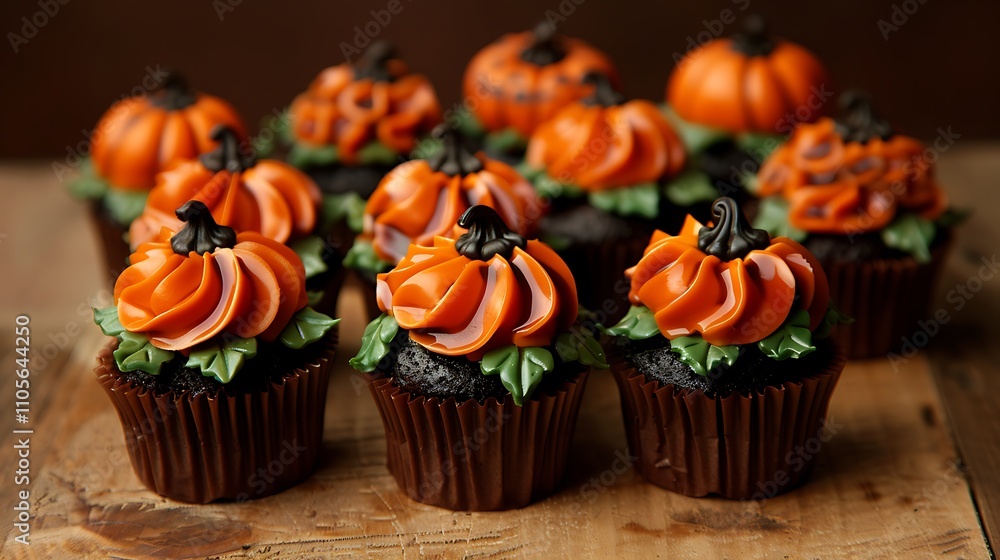 Cupcakes with pumpkin flowers with a halloween theme Cupcakes with pumpkin flowers with a halloween theme