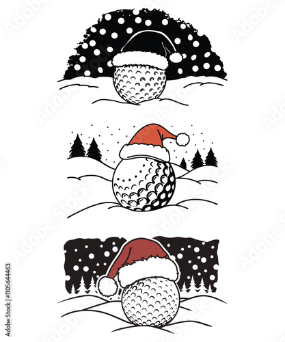 Golf Ball Trio in Santa Hats with Winter Scenery Vector collection