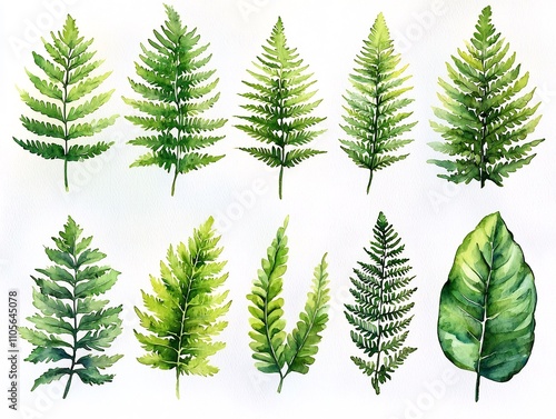 Delicate Watercolor Fern Leaves in Varying Shades of Green on White Background