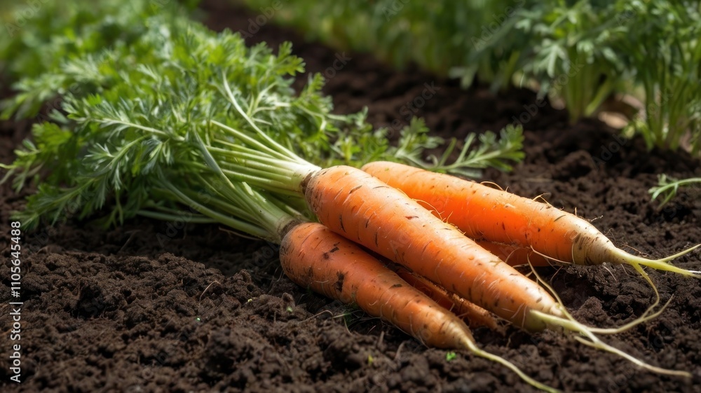 Here's a possible and keyword list for your image.. Freshly harvested carrots in garden soil. Here's a possible and keyword list for your image.. Freshly harvested carrots in garden soil.