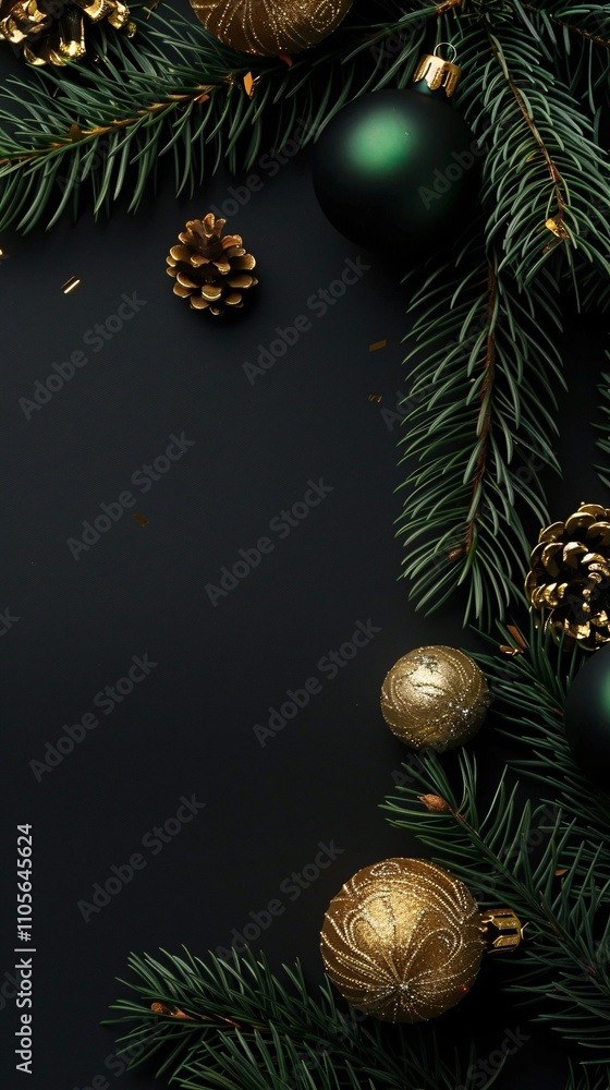 black portrait background with Christmas and New Year decor. Top view, copy cpace black portrait background with Christmas and New Year decor. Top view, copy cpace