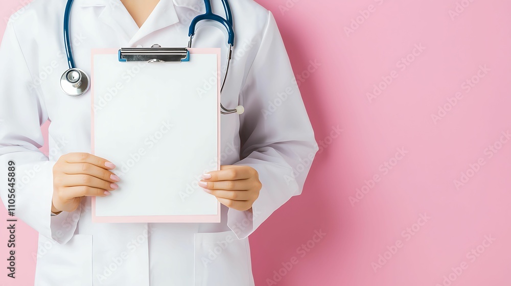 A healthcare professional in a white coat holds a blank clipboard against a pink background, symbolizing patient care and medical documentation. A healthcare professional in a white coat holds a blank clipboard against a pink background, symbolizing patient care and medical documentation.